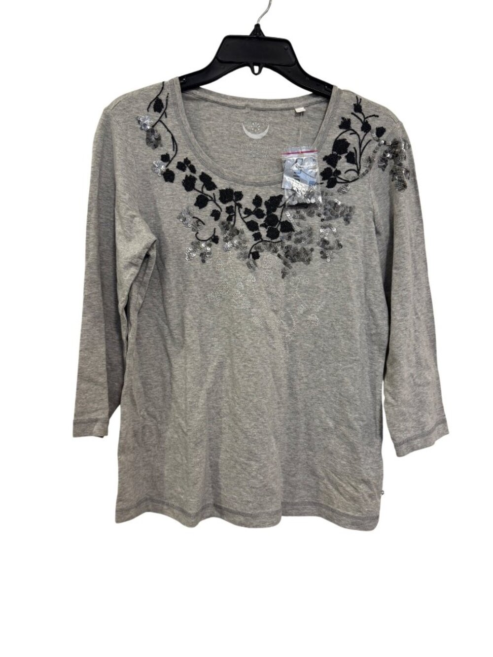 Zenergy By Chicos Gray 3/4 Sleeve Top With Beaded & Sequin Floral Design Size 1